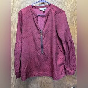 Michael Kors Women’s Size XS Bergandy Lightweight Blouse Zipper Cuffed Sleeves